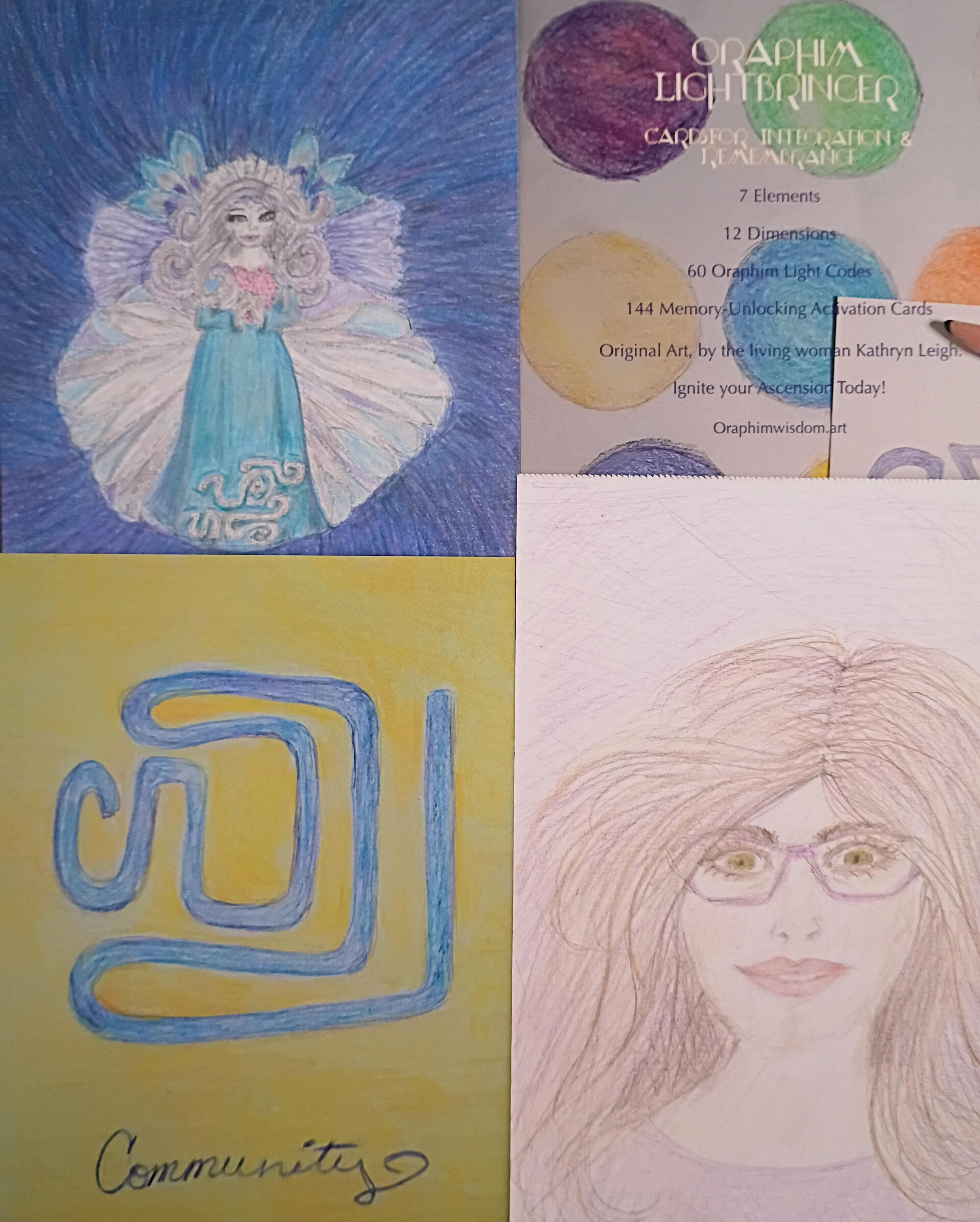 Kathryn Leigh self portrait, along with an advertisement for the Oraphim Lightbringer Cards Set, a light code card for Community, and her drawing of an Oraphim being.